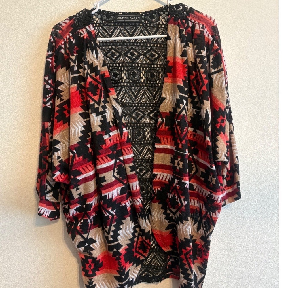 Almost Famous Southwestern Geometric Lace Back Cardigan Red Black Kimono Wrap